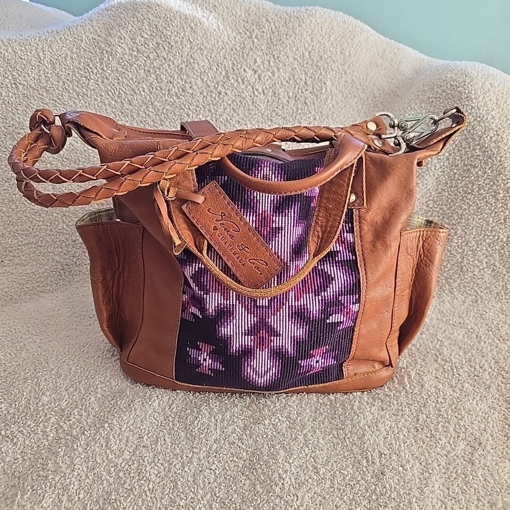Nena & Co Leather Convertible Tote Bag‎ Purse With Woven Purple Aztec Panel